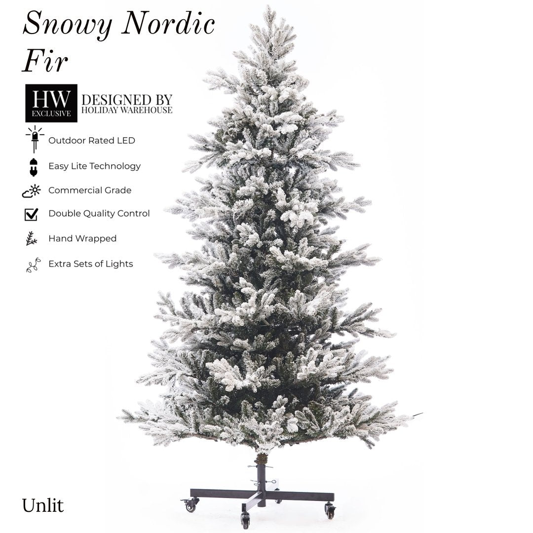 9ft Snowy Nordic Fir Tree w/ WW LED Lights - Holiday Warehouse