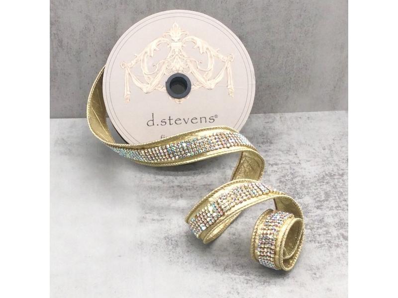 1" X 5 Yds Gold Metallic Dupion Duchess Aurora Borealis Jewel Center Ribbon - Holiday Warehouse