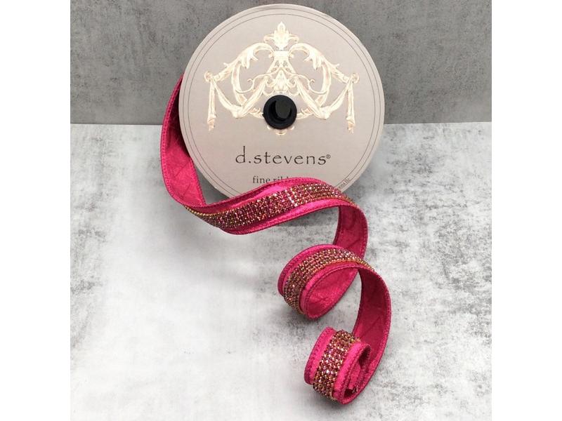 1" X 5 Yds Hot Pink Metallic Dupion Duchess Hot Pink Jewel Center Ribbon - Holiday Warehouse