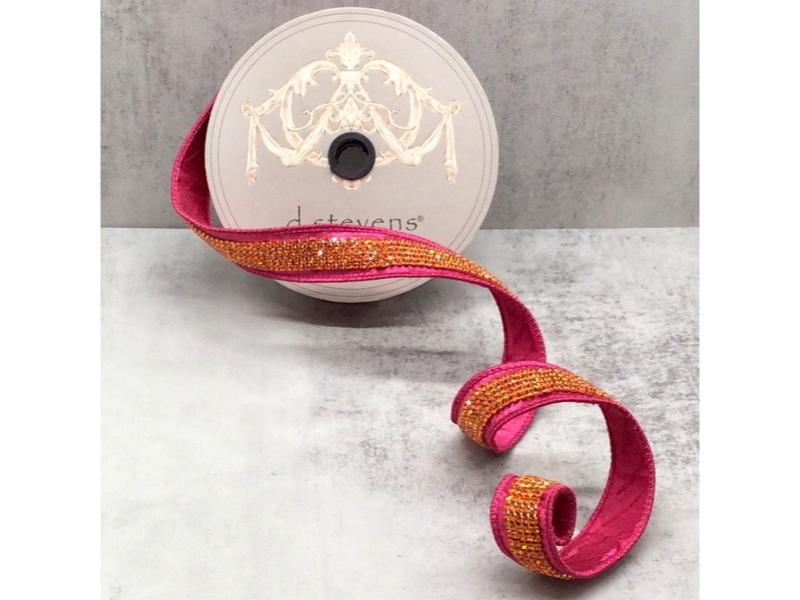 1" X 5 Yds Hot Pink Metallic Dupion Duchess Orange Jewel Center Ribbon - Holiday Warehouse