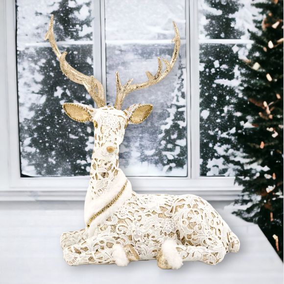 19" White/Gold Deer Laying - Holiday Warehouse