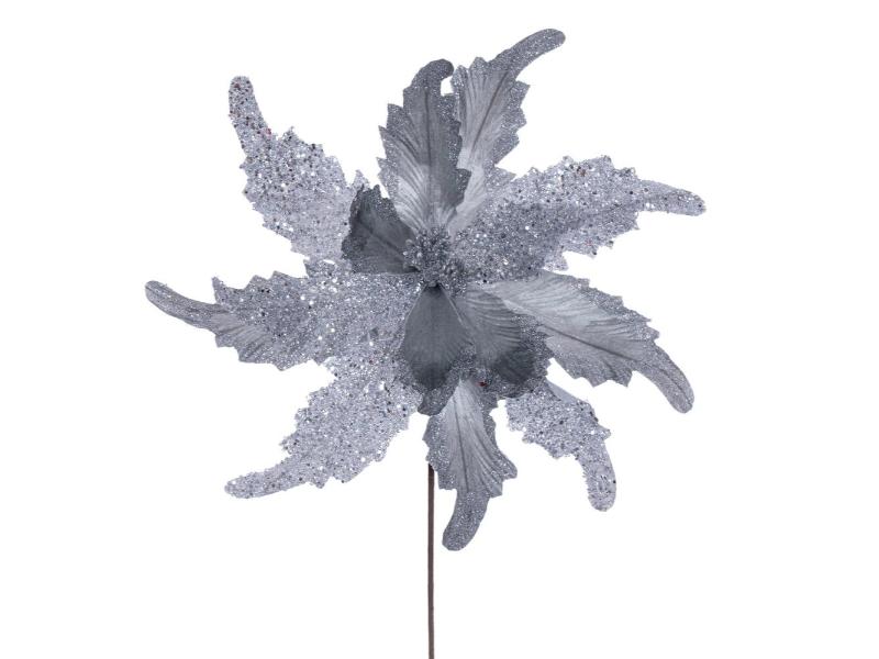 20" Silver Grand Velvet Poinsettia Stem 2PC - Holiday Warehouse