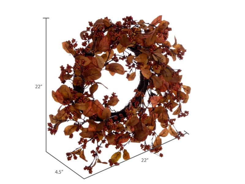 22" Orange Fall Leaves and Berries Wreath - Holiday Warehouse