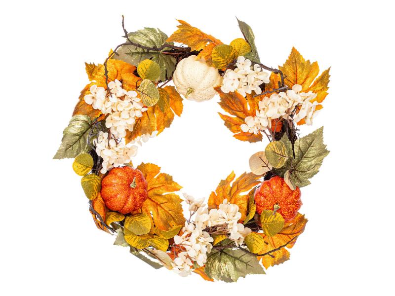 22" Orange Fall Pumpkin Hydrangea Wreath - Holiday Warehouse