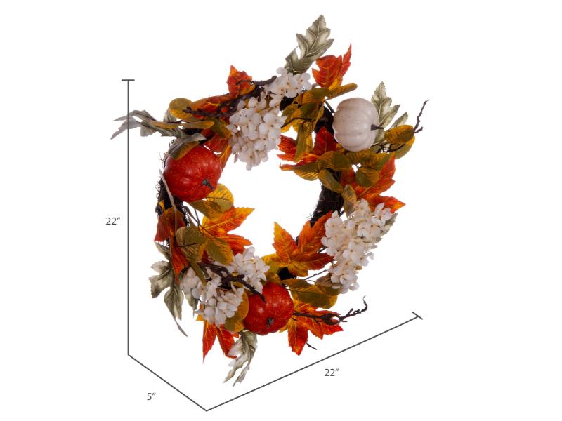 22" Orange Fall Pumpkin Hydrangea Wreath - Holiday Warehouse