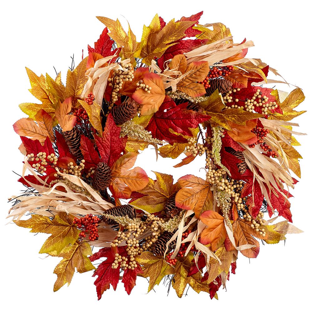 22" Pine Cone/Berry/Corn Husk/Maple Wreath - Holiday Warehouse
