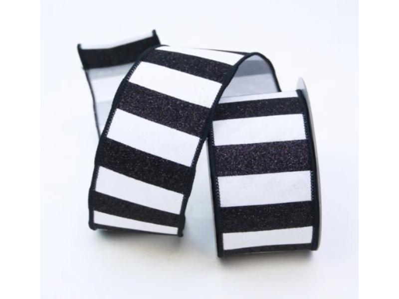 2.5" X 10 Yds Black And White Glitter Horizontal Stripes Ribbon - Holiday Warehouse