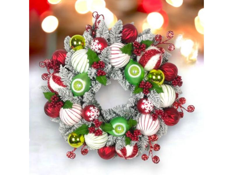 28" Wreath w/Red Balls and Ribbon - Holiday Warehouse