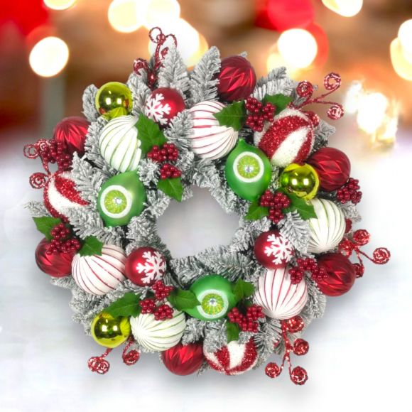 28" Wreath w/Red Balls and Ribbon - Holiday Warehouse