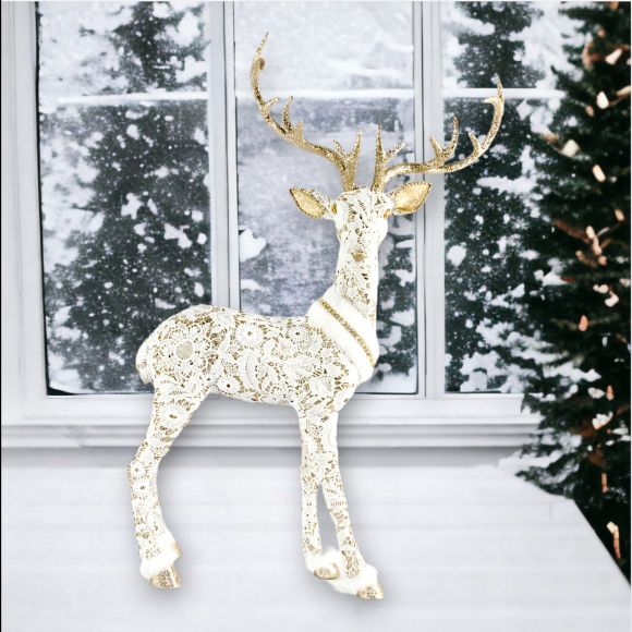29" White/Gold Deer Standing - Holiday Warehouse