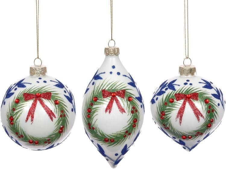 3" Blue Wreath Ornament 3pc - Holiday Warehouse