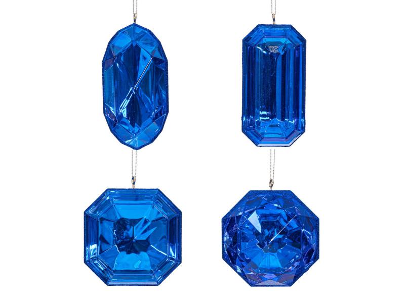 4-5" Blue Jewel Glitter Ornament 4pc Set - Holiday Warehouse