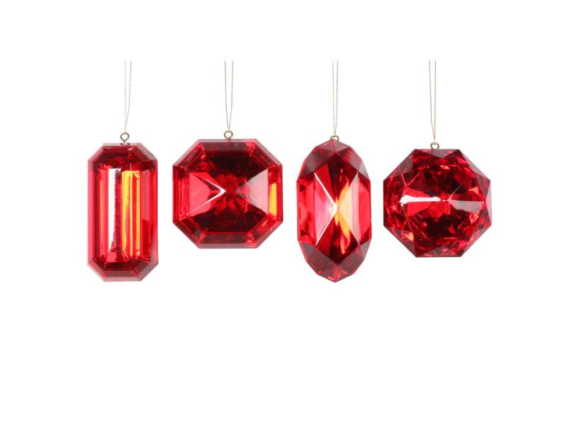 4-5" Red Jewel Glitter Ornament 4pc Set - Holiday Warehouse