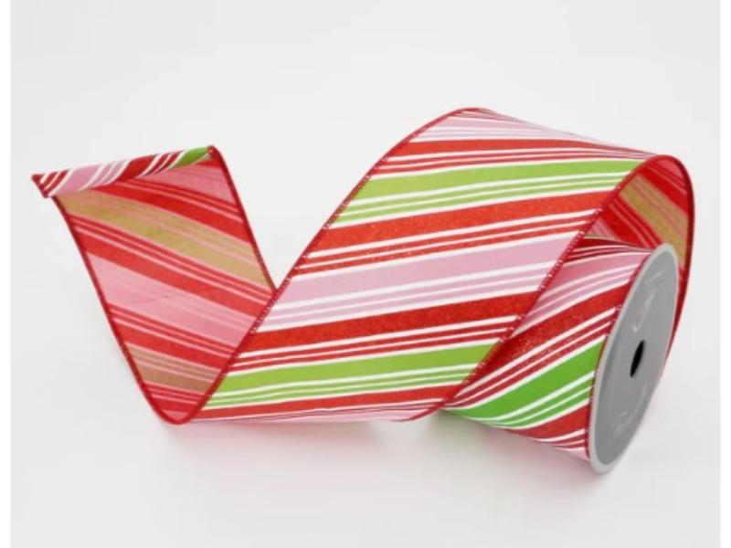 4" X 10 Yds Pink, Red, Lime Candy Stripes Ribbon - Holiday Warehouse