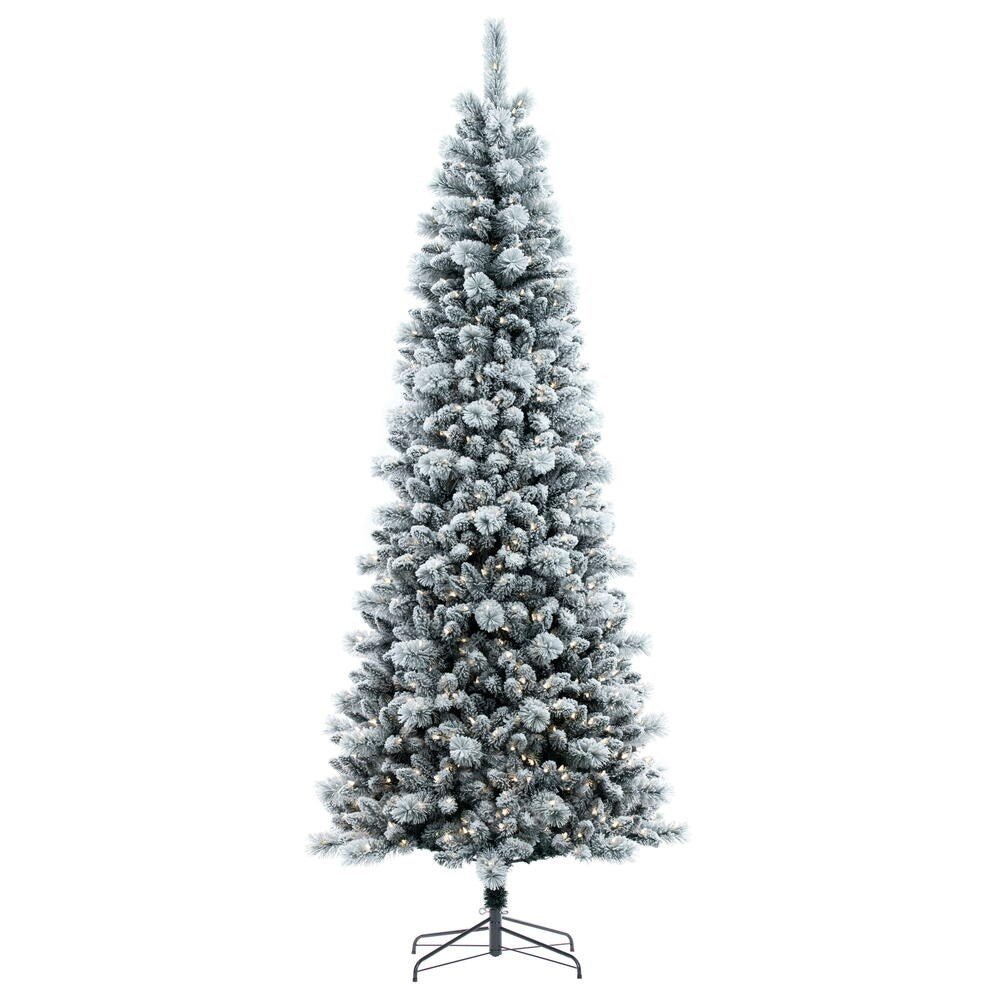 7.5' Flocked White Tree w/ Warm White Lights - Holiday Warehouse