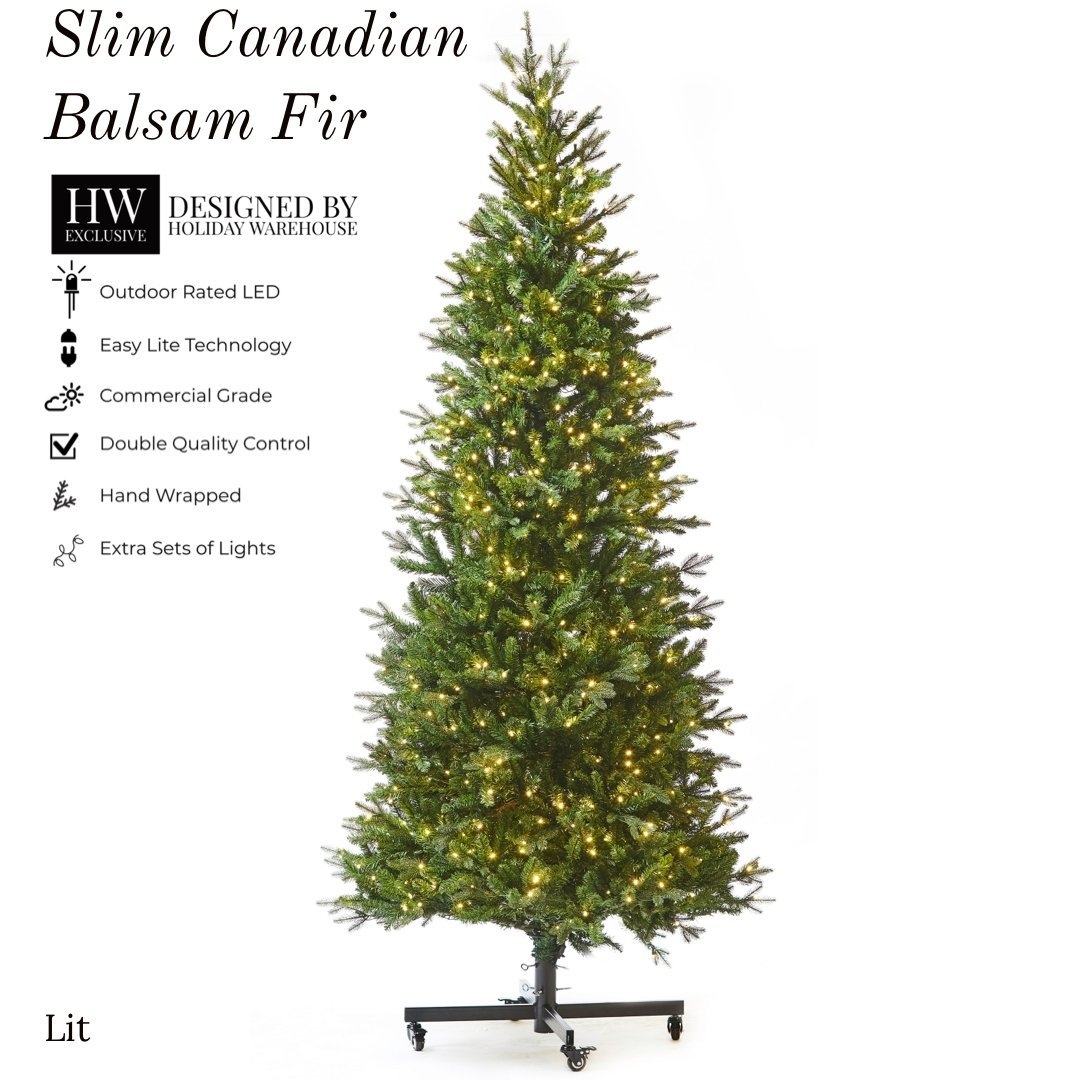 7.5ft x 42" Frosted Slim Canadian Balsam Fir Tree w/ WW LED Lights - Holiday Warehouse