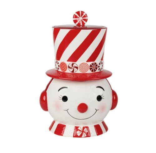 10" Peppermint Snowman Cookie Jar - Holiday Warehouse