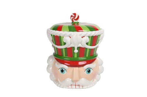 10" Red & Green Nutcracker Head Cookie Jar - Holiday Warehouse