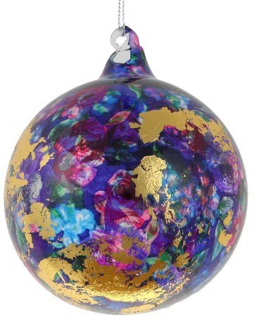 100MM Blue Mixed Metallic Leaf Glass Ball Ornament by Jim Marvin - Holiday Warehouse