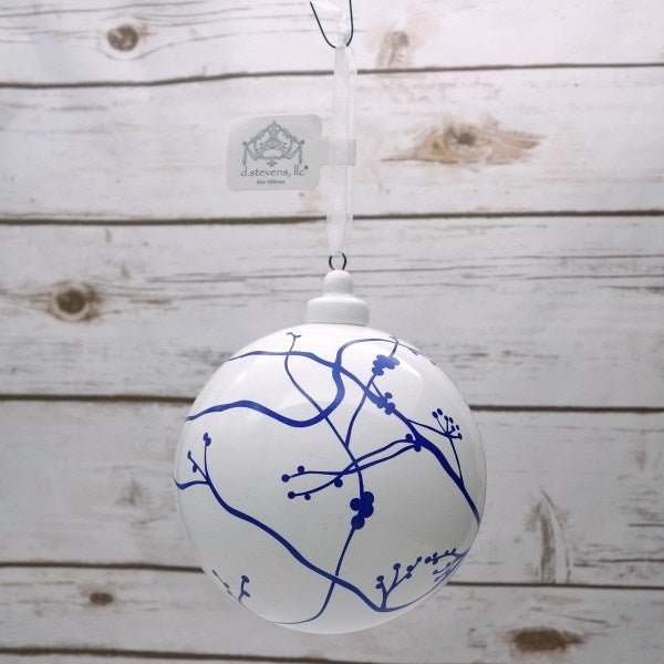 100mm Blue White Hand-Blown Bauble Porcelain Winterberry Branch Ornament - Holiday Warehouse