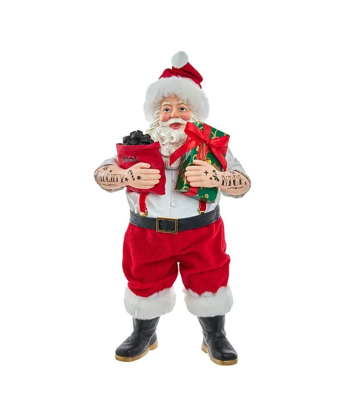 10.5" Fabriché™ Tattoo Santa With Gift Box - Holiday Warehouse