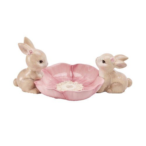 12"H Bunny Couple with Pink Bowl - Holiday Warehouse