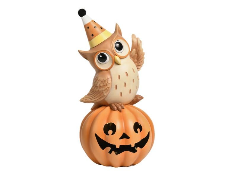 14" Owl w/Candy Corn on LED Pumpkin - Holiday Warehouse