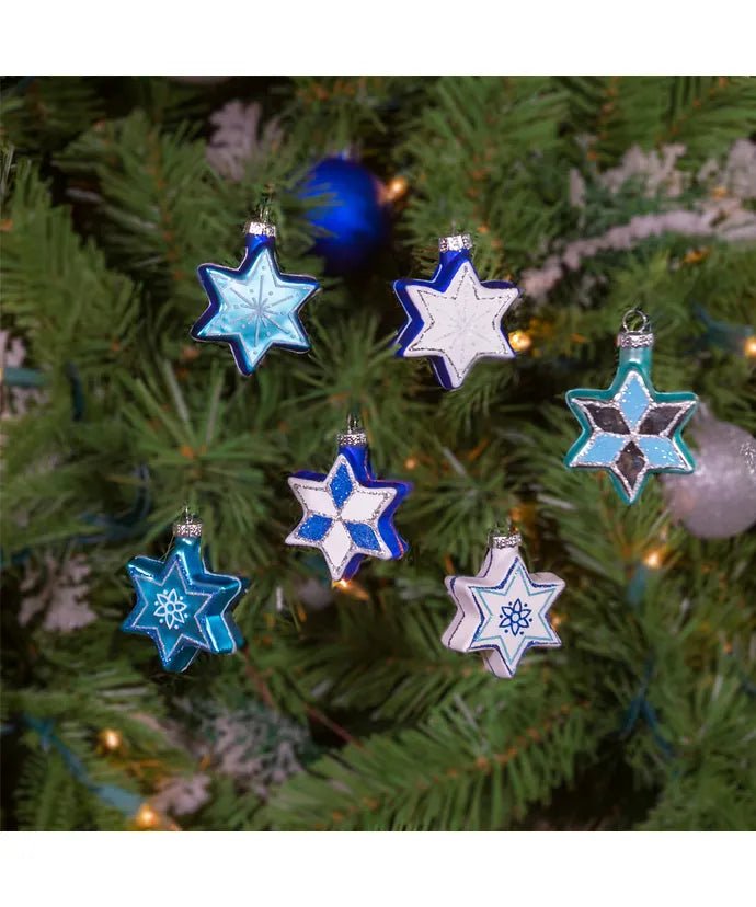 1.5" Jewish Stars With Glitter Glass Ornaments, 6-Piece Box Set - Holiday Warehouse
