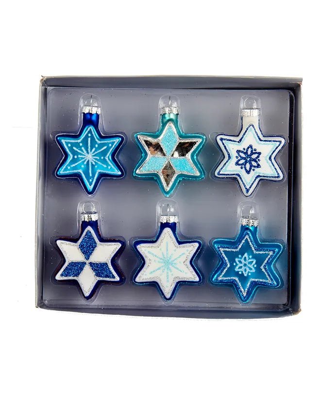 1.5" Jewish Stars With Glitter Glass Ornaments, 6-Piece Box Set - Holiday Warehouse