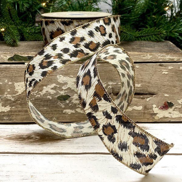 1.5" x 10 yards Gold Swirl Cream Linen Leopard Ribbon - Holiday Warehouse