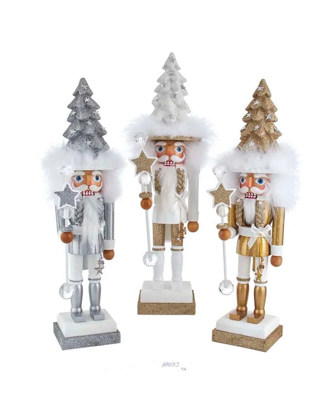 17.5" Hollywood Nutcrackers™ Silver, White and Gold Christmas Tree Hat Nutcracker - Holiday Warehouse