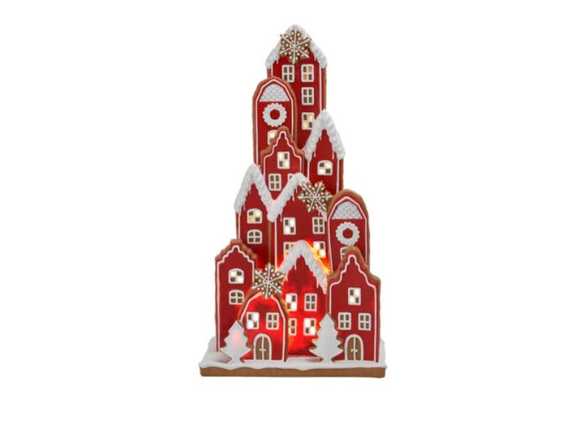 18" LED Red Stacked Gingerbread Village - Holiday Warehouse