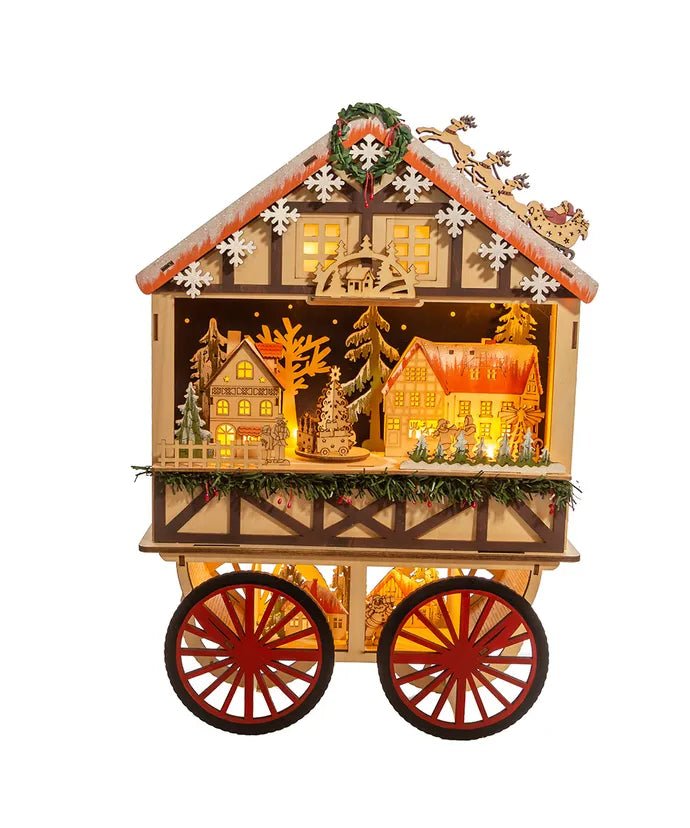 18.9" Light-Up LED Musical Wooden Wagon Christmas Village Scene - Holiday Warehouse