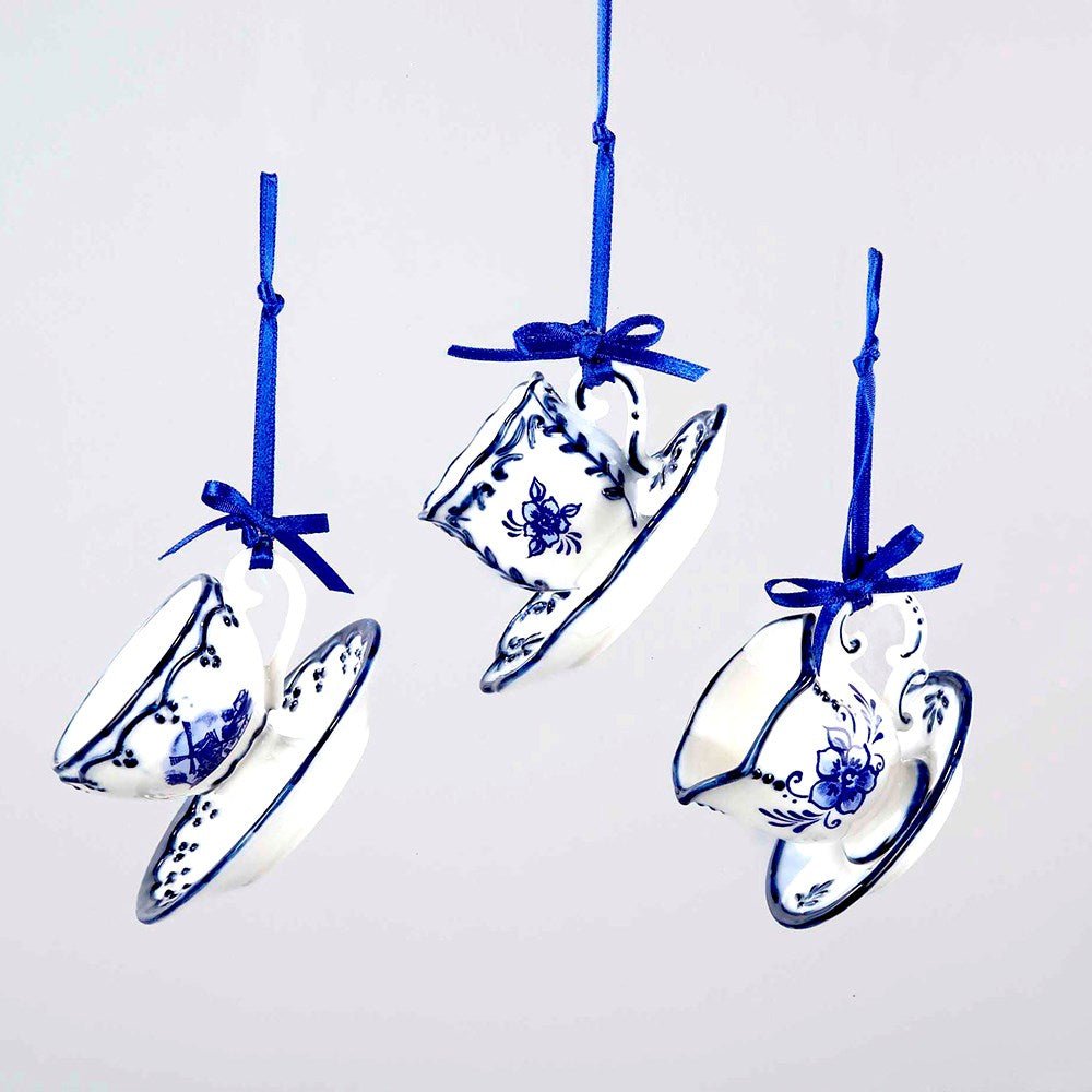 2" Delft Blue Cup and Saucer Ornaments 3pc - Holiday Warehouse