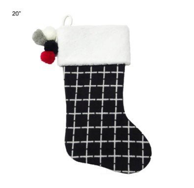 20" Black White Check Stocking with Fur Border & Pom Poms - Holiday Warehouse