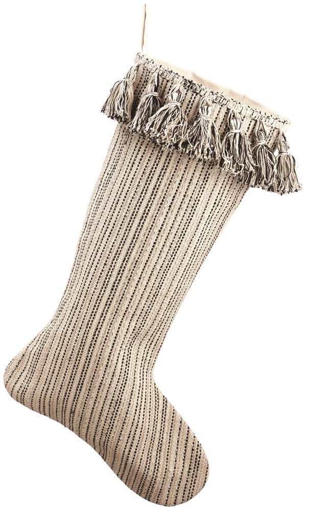 20"Cream Black Cotton Stocking with Tassels - Holiday Warehouse