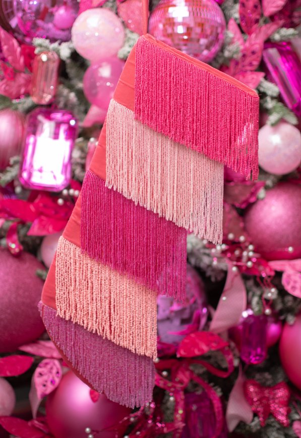 22" Barbiecore Christmas Stocking with Fringe - Holiday Warehouse
