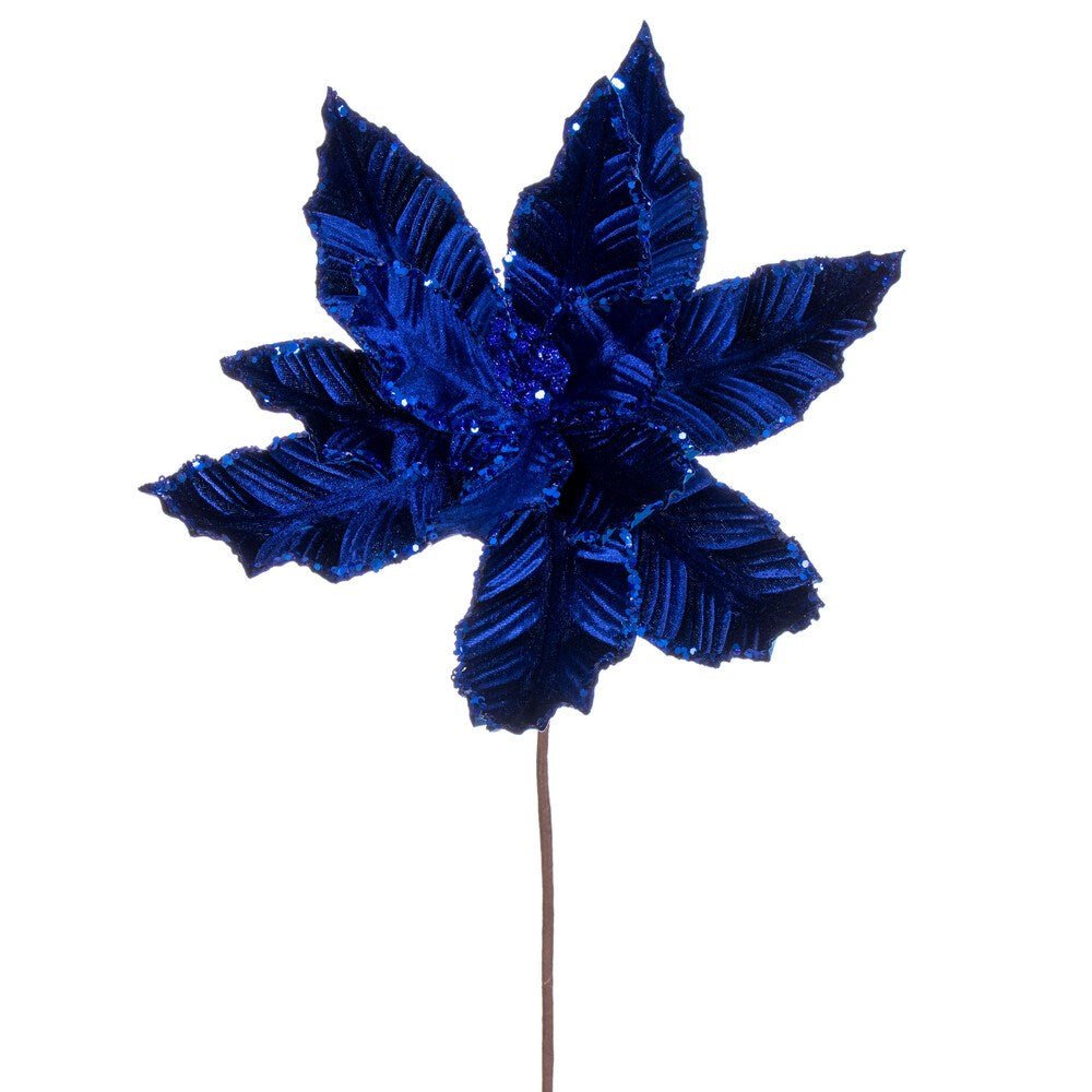 24" Blue Velvet Sequin Trim Poinsettia - Holiday Warehouse