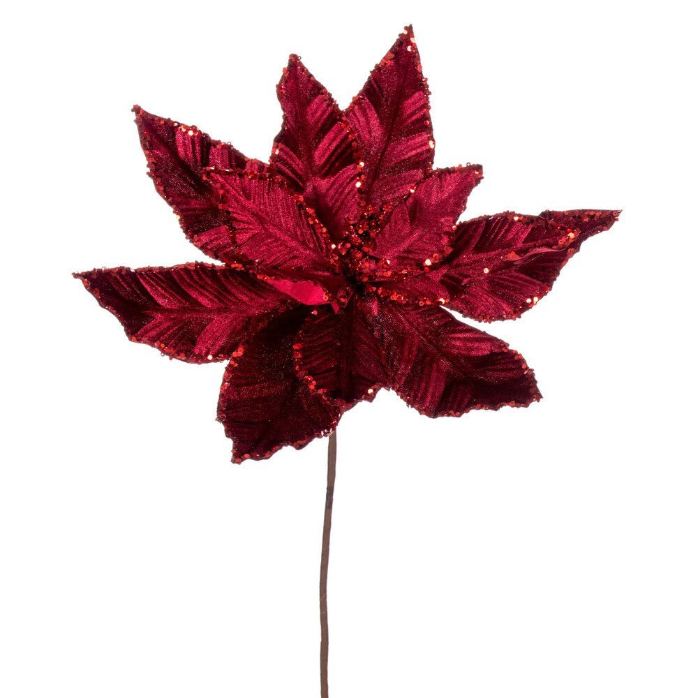 24" Burgundy Velvet Sequin Trim Poinsettia - Holiday Warehouse
