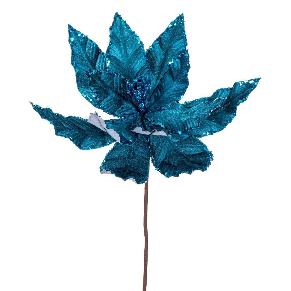 24" Turquoise Velvet Sequin Trim Poinsettia - Holiday Warehouse