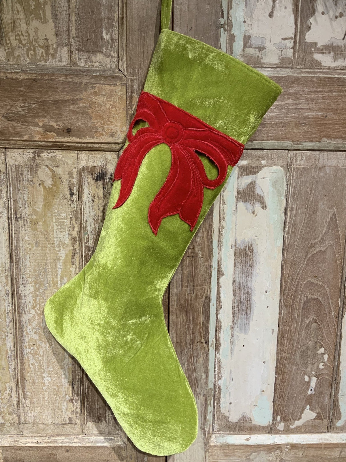 25" Bright Green Velvet Stocking w/ Hot Red Applique Bow - Holiday Warehouse