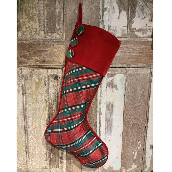 25" Red Green Faux Dupion Plaid Stocking with Solid Red Velvet Cuff - Holiday Warehouse