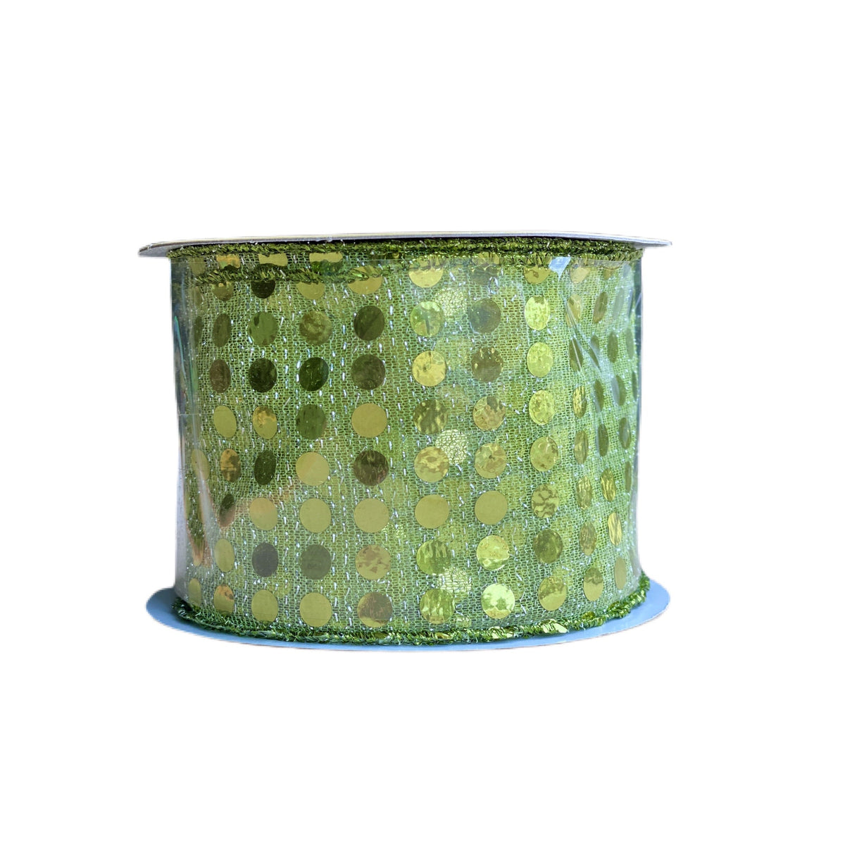 2.5" x 10 yds Green Sheer Ribbon w/ Metallic Dots - Holiday Warehouse