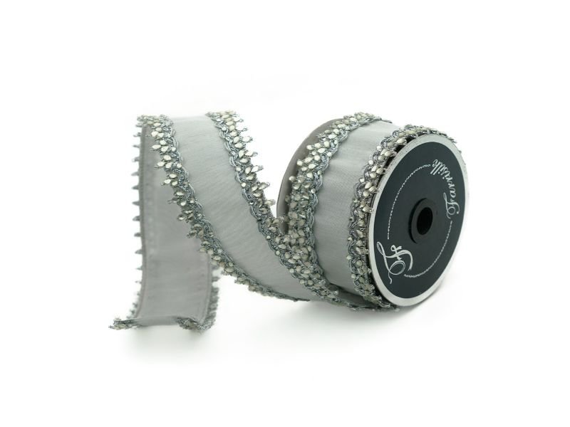 2.5" x 5 yds Silver Crown Jewel Ribbon - Holiday Warehouse