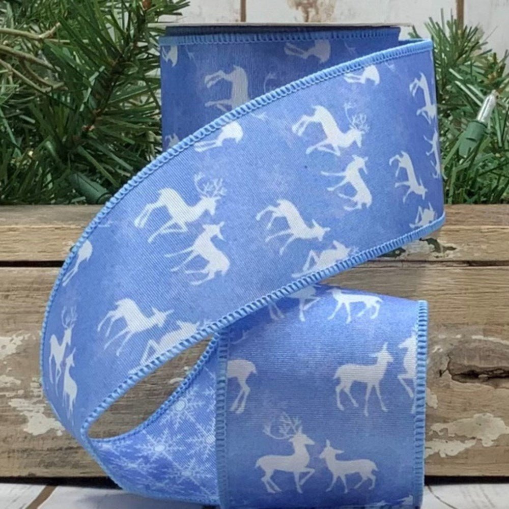 2.5"X 10 Yds White Grosgrain Reversible Blue Printed Deer Snowflake Ribbon - Holiday Warehouse