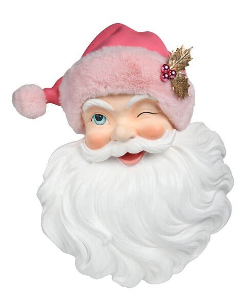 27" Santa Head with Pink Fur Hat Wall Decor - Holiday Warehouse