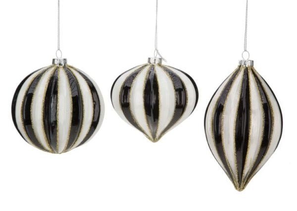 3"- 4" Black and White Gilded Stripe Ornament Set of 3 - Holiday Warehouse