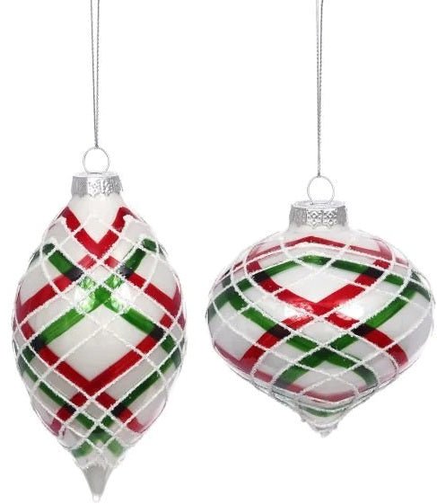 3" White & Green Striped Ornament 12pc - Holiday Warehouse