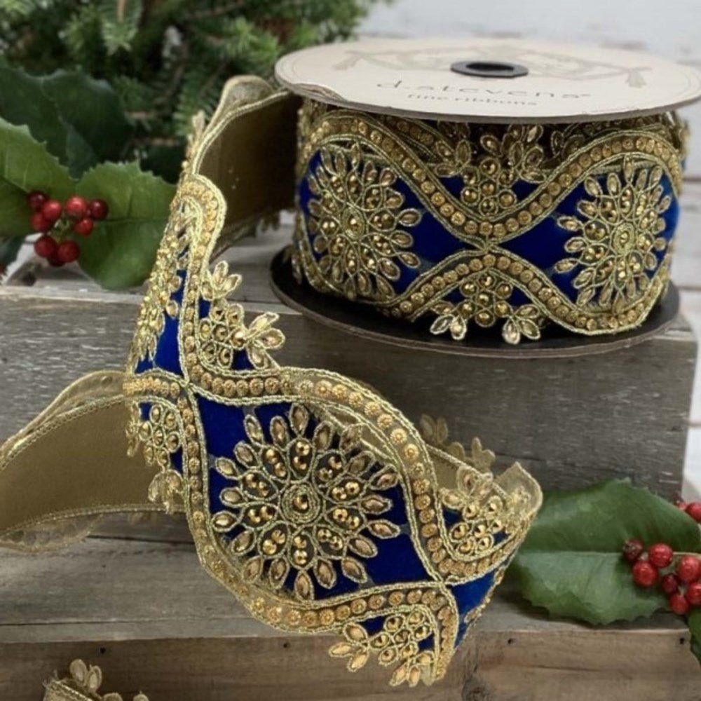 D Stevens Cobalt Blue Gold Velvet Designer Christmas Ribbon Wired