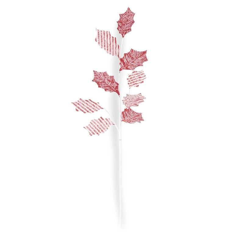 30" Red and White Glittered Flocked Fabric Holly Leaf Stem 6pc - Holiday Warehouse